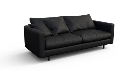 Black Leather Sofa Render isolated PNG on transparent background with shadow advertising