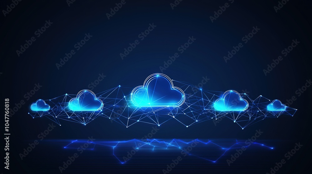 Poster digital representation of connected clouds with network lines on a dark blue background showcasing m