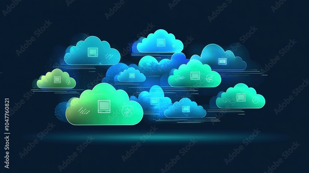 Poster vibrant digital clouds representing data storage and technology in a seamless blue background with a