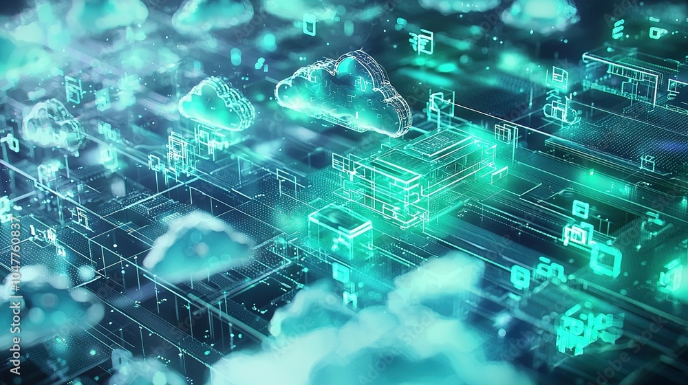 Poster abstract digital landscape featuring clouds and data streams illuminated in green hues over a futuri