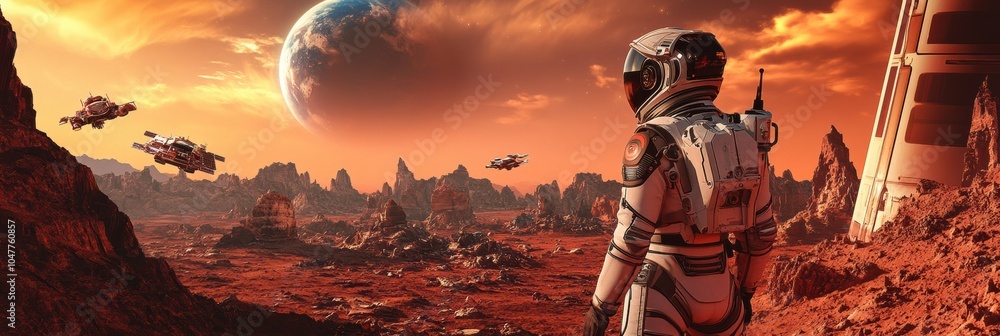 Poster an astronaut stands on the rocky surface of mars, gazing at the distant planet and flying spacecraft