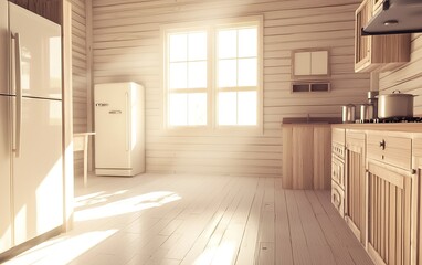 Obraz premium Bright sunlit kitchen with wooden accents and modern appliances in a cozy home setting during the day