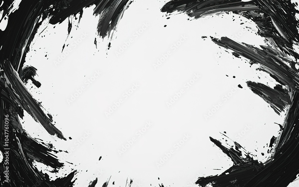 Poster abstract black and white design featuring dynamic brush strokes creating a circular frame against a 