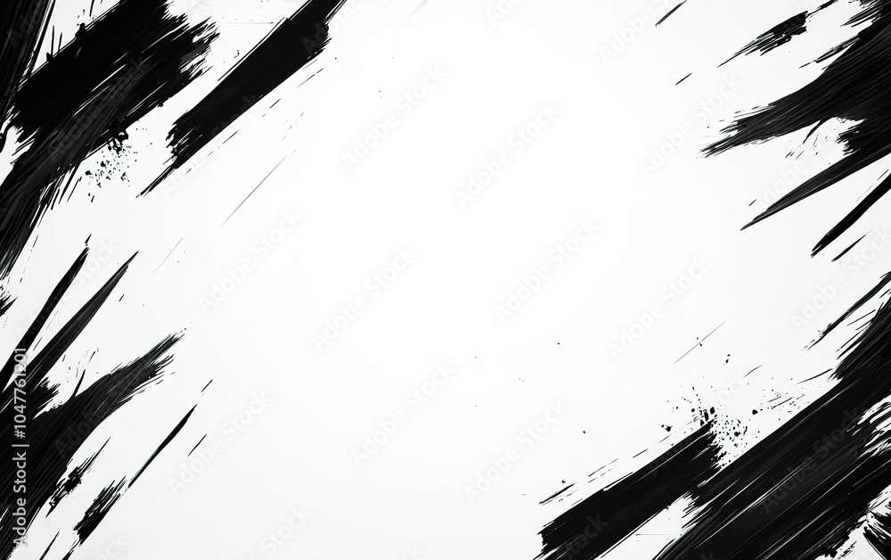 Poster abstract black and white brush strokes creating a dynamic frame with a blank center for creative des