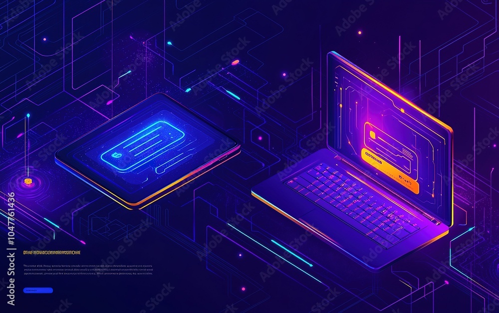 Poster digital communication concept featuring a laptop and tablet with vibrant neon graphics connected thr