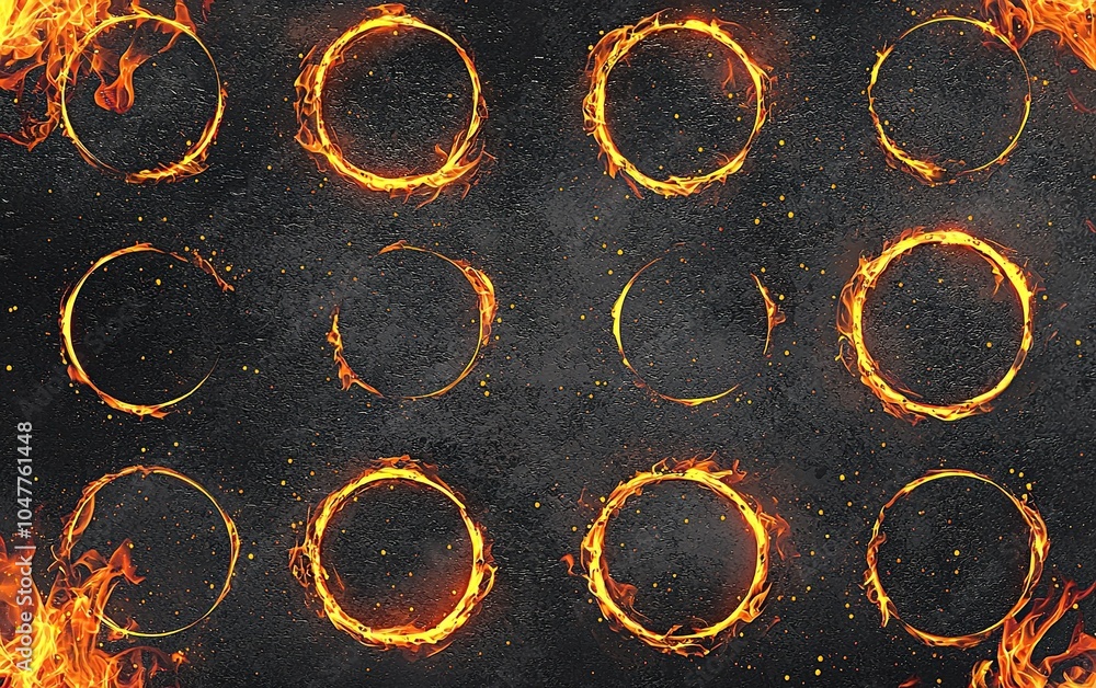 Poster abstract design featuring fiery circular patterns on a dark background with glowing edges, creating 