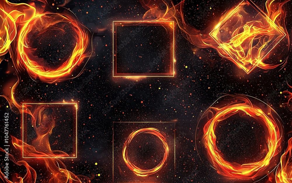 Aufkleber vibrant flames and glowing geometric shapes amidst a dark background create a mesmerizing visual dis