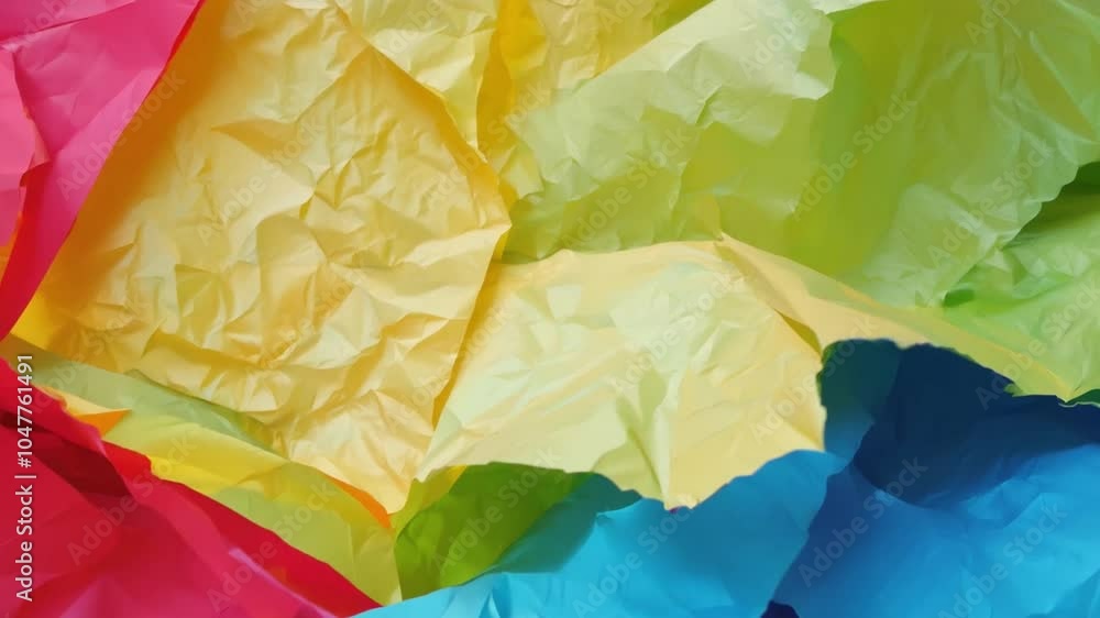 Poster a vibrant arrangement of crumpled tissue paper in shades of pink, yellow, and green creates a playfu