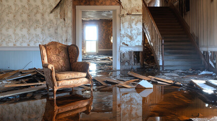 Flooded Abandoned House Interior with Vintage Armchair and Staircase
