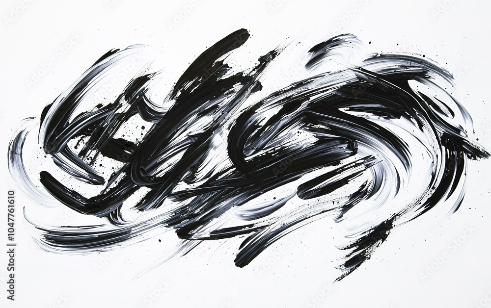 Poster abstract black and white brush strokes creating dynamic movement on a white canvas during daylight h