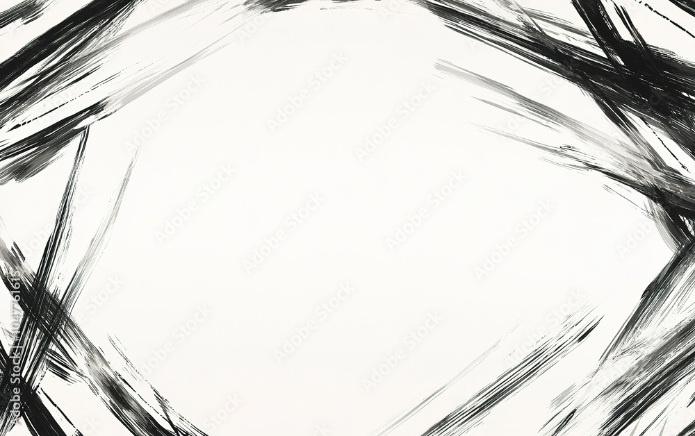 Poster abstract black brush strokes create a dynamic border around a blank space suitable for artistic pres