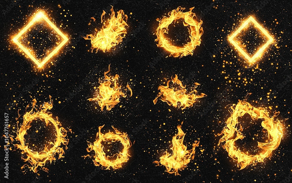 Poster dynamic collection of golden fire shapes on a dark background showcasing unique patterns and designs