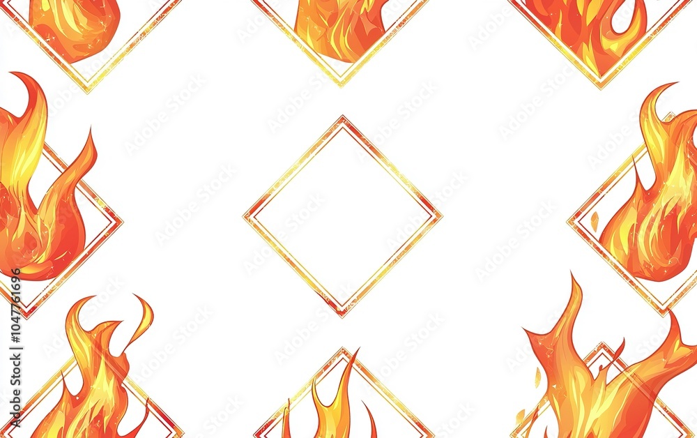 Poster colorful flame patterns in a geometric arrangement on a clean white background showcasing vibrant en