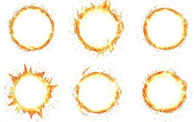 Dynamic illustrations of glowing fire rings in various shapes and sizes against a plain background for creative design use