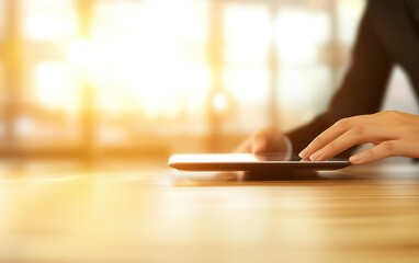 A person using a tablet on a wooden table in a well-lit office during sunset, demonstrating modern working habits