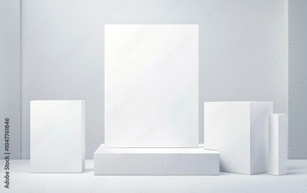 Poster minimalist geometric display setting with white blocks and a large flat surface in a bright, neutral