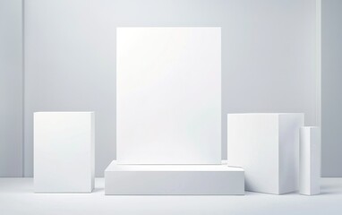 Minimalist geometric display setting with white blocks and a large flat surface in a bright, neutral environment for art presentation