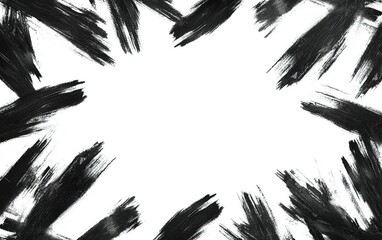 Abstract black brush strokes create a dramatic frame around empty white space, ideal for artistic design and creative projects