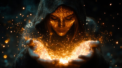 Young witch making charms