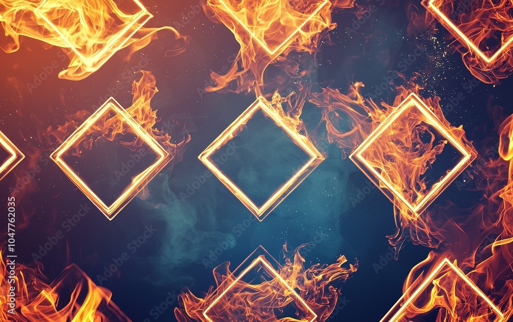 Poster Dynamic flames engulfing geometric shapes create a vibrant visual display in a dark setting