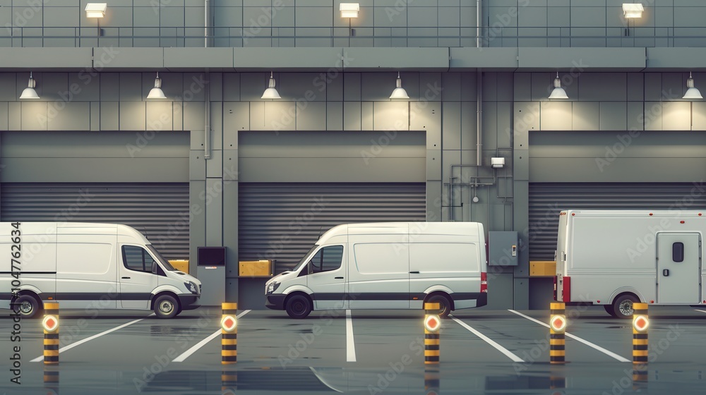 Poster several trucks and vans are parked outside a warehouse, preparing for loading and transport in an or