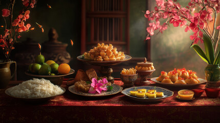 Naklejka premium vibrant display of traditional food featuring rice, fruits, and various delicacies, beautifully arranged with floral accents. scene evokes sense of celebration and cultural richness