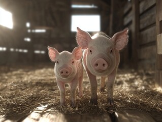 Two piglets standing together in a barn, looking at the camera in a warm and cozy setting.