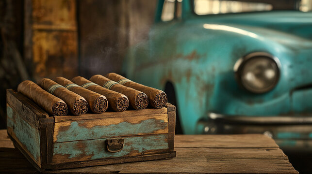 Vintage Wooden Cigar Box with Cigars and Blurred Classic Car Background
