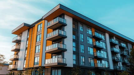 Obraz premium Modern apartment building with balconies and a blue sky.