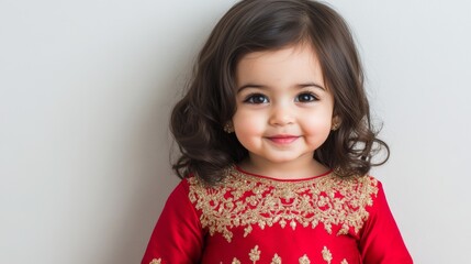 Adorable Child in Elegant Red Dress with Golden Embroidery