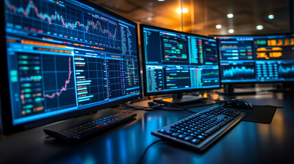 Fototapeta premium Stock Market Data Analysis on Multiple Monitors in a Modern Office