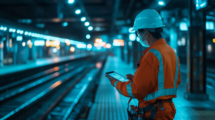 Train Station Worker Using Digital Tablet  Nighttime  Safety Gear