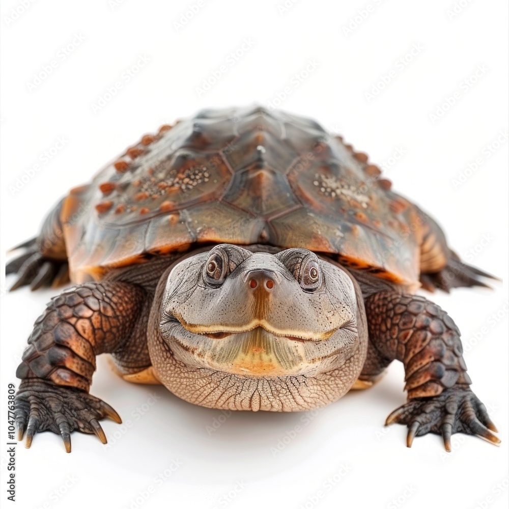 Poster chinese softshell turtle lies calmly on a white background displaying its distinct leathery shell an