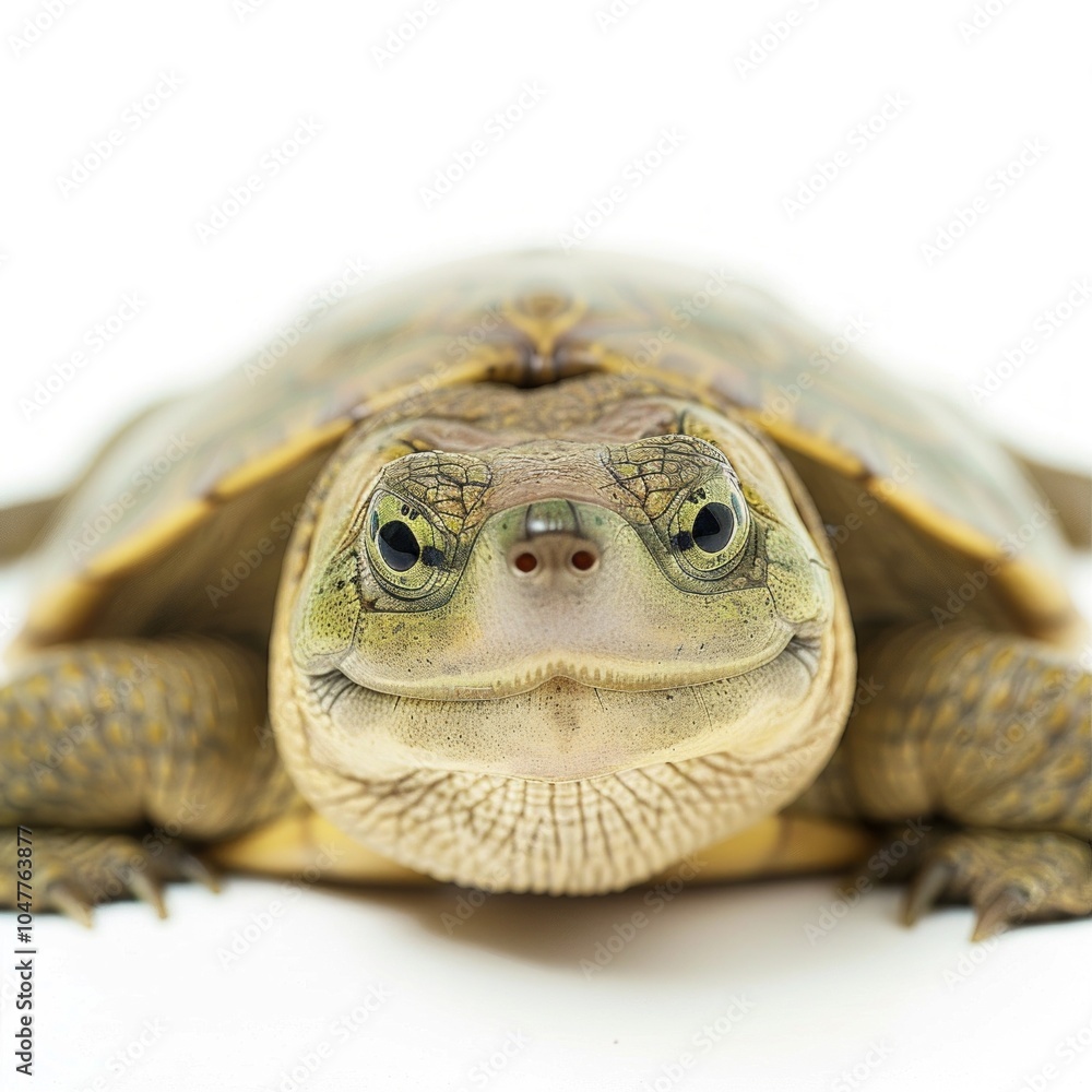 Poster unique turtle species characterized by its leathery shell is lying quietly against a stark white bac
