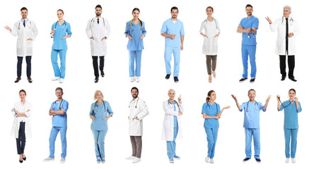 Obraz premium Different healthcare workers on white background, collage of photos