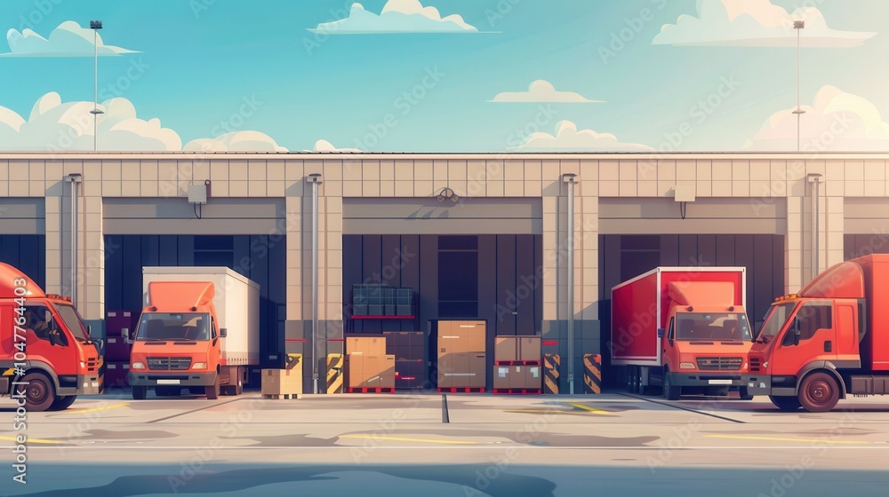 Poster trucks and vans are parked at a warehouse loading dock during the day, preparing for shipment and lo