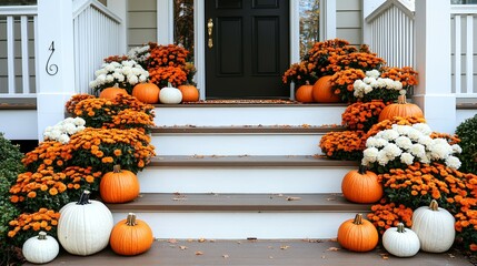 Front porch decorated with pumpkins and mums for fall.