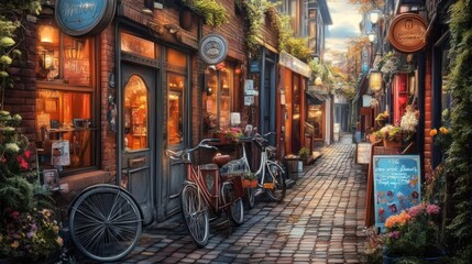 Charming cobblestone alleyway with shops, bicycles, and flowers at sunset.
