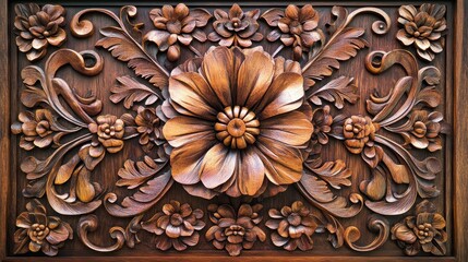 An intricate wooden panel featuring traditional designs enhanced by rich staining, celebrating cultural heritage in woodworking. 