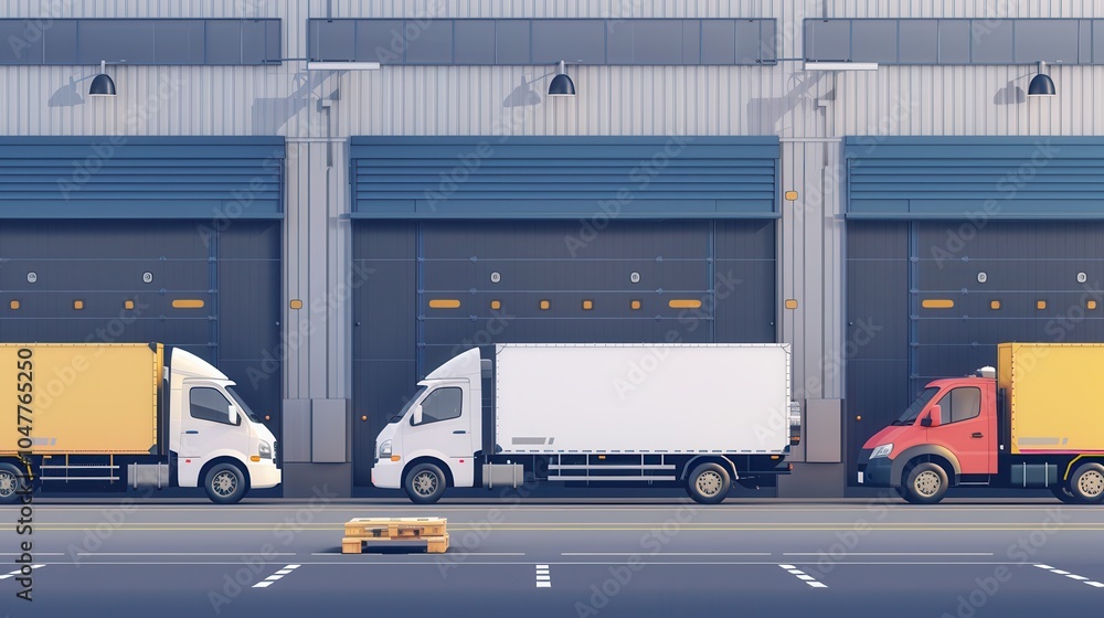 Poster Several trucks and vans are parked neatly at a warehouse, prepared for loading goods to support daily logistics operations. Generative AI