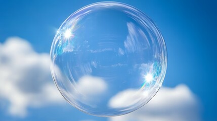 A large, clear soap bubble floats against a bright blue sky with white clouds.