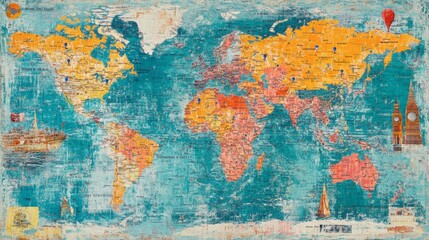 Obraz premium Vintage World Map with Colorful Geography Elements