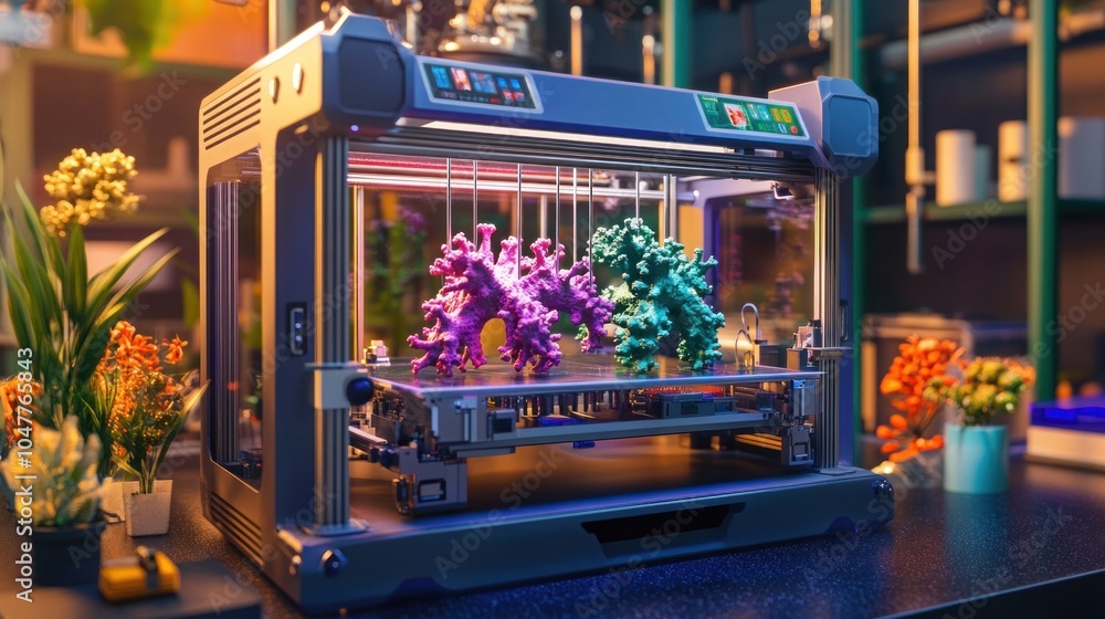 Poster 3d printer printing colorful abstract objects.