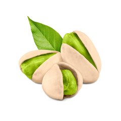 Unshelled pistachios and green leaf on white background. Tasty nut