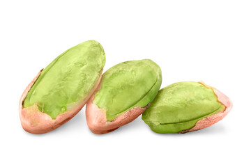 Shelled pistachios on white background. Tasty nut