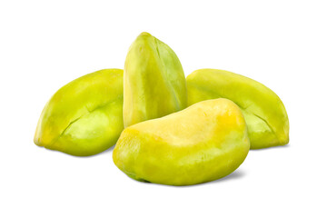 Shelled pistachios on white background. Tasty nut