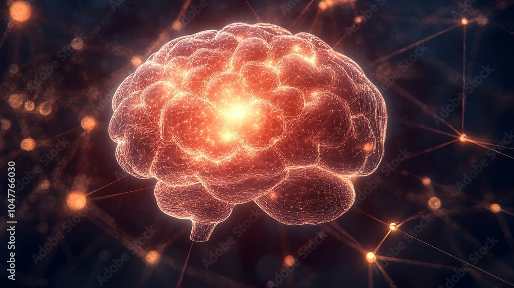 Poster a glowing red 3d brain with lines connecting it to other nodes