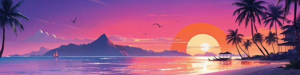 Naklejka premium Vibrant sunset over a tranquil beach with palm trees silhouetted against a colorful sky