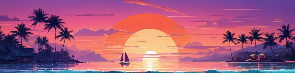 Obraz premium A tranquil sunset over a serene tropical beach with a sailboat gliding through the calm waters and palm trees swaying in the gentle breeze