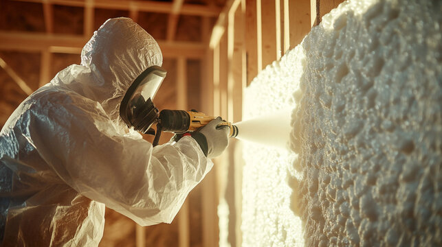 Construction Worker Spraying Foam Insulation on Wall